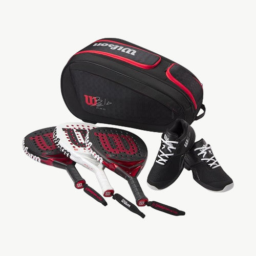 Wilson sports equipment including a bag, two padel rackets, and two shoes on a white background